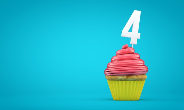 número 4, celebración de cumpleaños, cupcake, 3d, interpretación