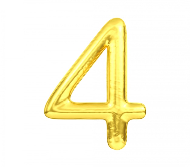 Número 4, globo dorado número cuatro aislado sobre fondo blanco, representación 3D