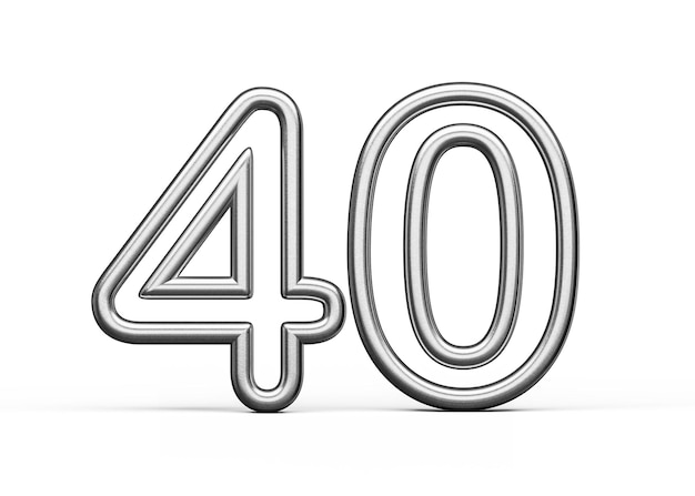 Número 40 hecho de plata fondo blanco metálico ilustración 3D