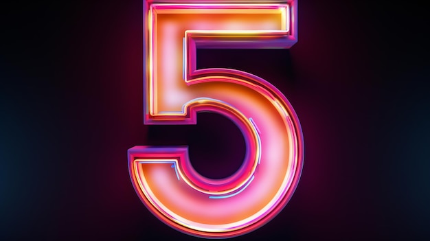 Número 5 alfabeto neon retro número 3d isolado no escuro