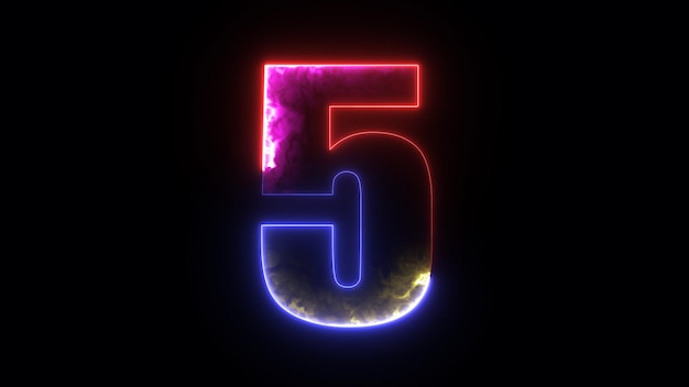 Número 5 animado de neón brillante Número 5 brillante neón brillante Concepto de educación