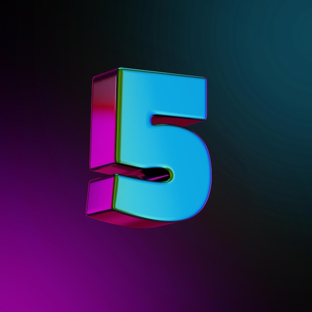 Número 5 Metal de color neón Ilustración renderizada en 3d Color azul y púrpura aislado. Ilustración 3D