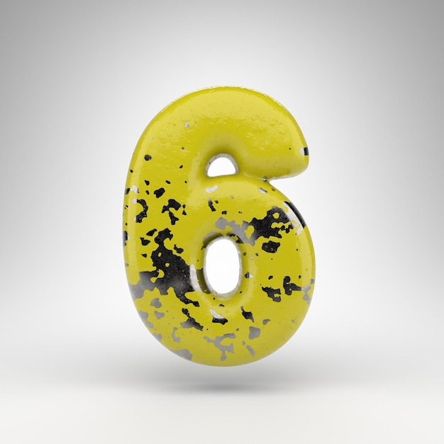 Número 6 em fundo branco. Número renderizado 3D com tinta amarela velha na textura de metal brilhante.