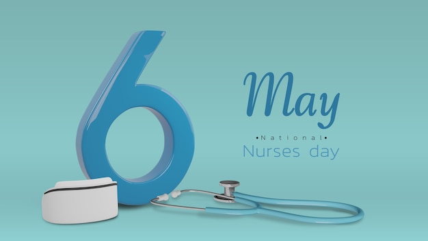 El número 6 y el estetoscopio se renderizan en fondo azul con texto para el 6 de mayo Día de las enfermeras