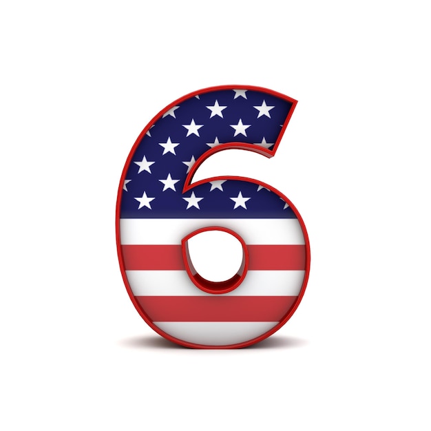 Número 6 estrellas y rayas fuente de letras de la bandera americana Representación 3D