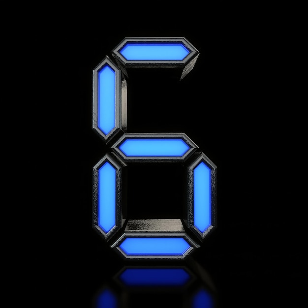Número 6 fuente digital LED de neón azul futurista Representación 3D