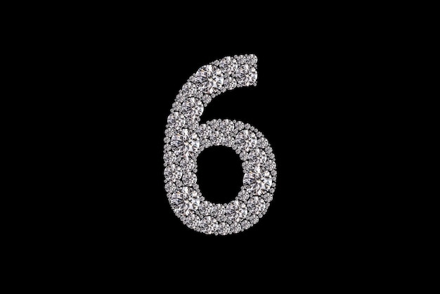 Un número 6 realizado en diamantes y cristales plateados.