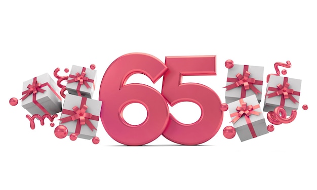 Número 65 número de celebración de cumpleaños rosa con cajas de regalo 3D Rendering