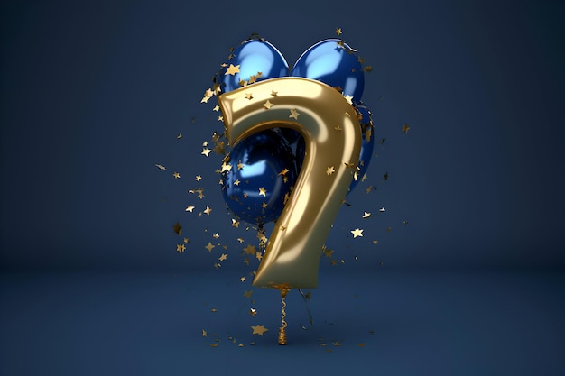 Número 7 balão de papel de alumínio dourado e azul com confete de estrela Render 3D