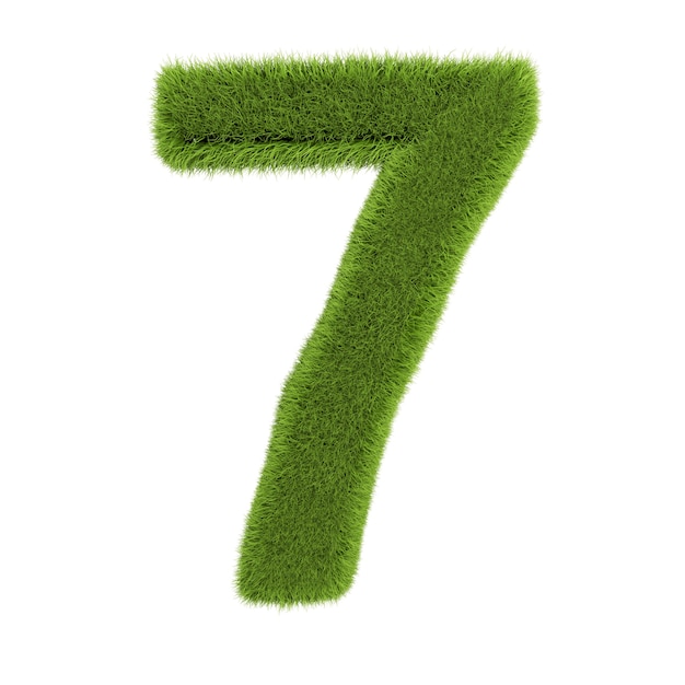 Número 7, de hierba aislado sobre fondo blanco. Símbolo cubierto de hierba verde. Carta ecológica. Ilustración 3D.