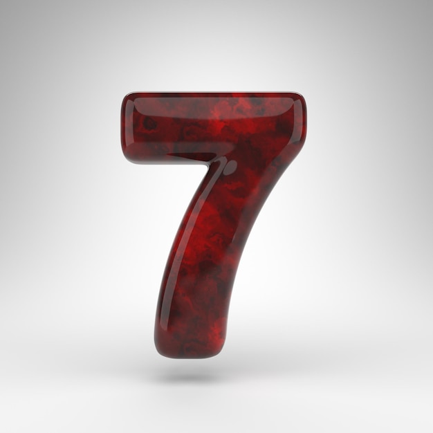 Número 7 sobre fondo blanco. Número renderizado 3D ámbar rojo con superficie brillante.