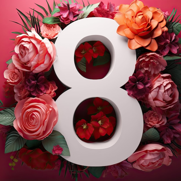 Número 8 en 3d con flores en rosa