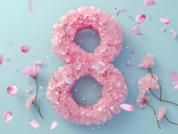 Número 8 brilhante com flores cor-de-rosa em um fundo azul dia da mulher 8 de março
