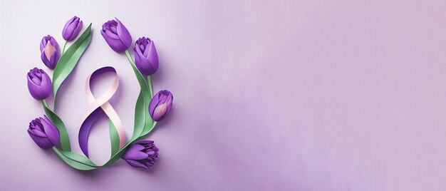 Número 8 com fita violeta e flores de tulipa em fundo claro Celebração do Dia Internacional da Mulher Banner de formato de grande angular