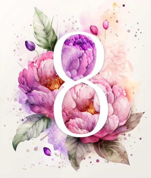 Número 8 com flores, aquarela