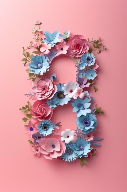 Número 8 feito com flores de papel em estilo papercut em um fundo rosa, criando uma bela configuração plana para comemorar o Dia Internacional da Mulher
