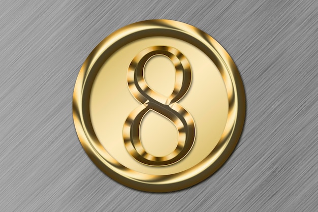 Número 8 en oro en un círculo dorado sobre fondo metálico Concepto de recurso gráfico