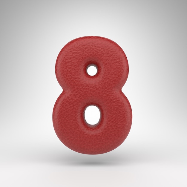Número 8 sobre fondo blanco. Número 3D de cuero rojo con textura de piel.