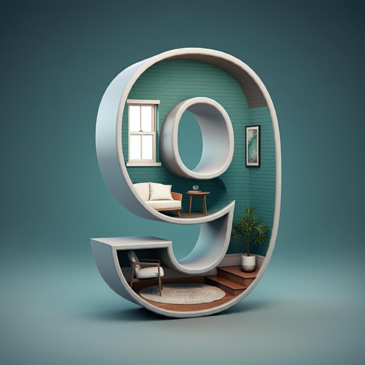 Número 9 diseñado como una habitación interior con un sofá, una mesa, una silla y una planta