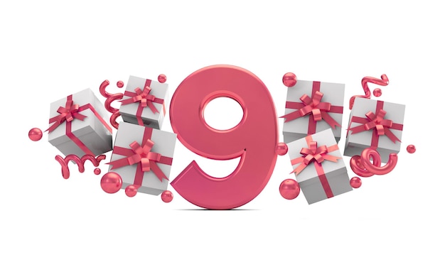 Número 9 número de celebración de cumpleaños rosa con cajas de regalo 3D Rendering