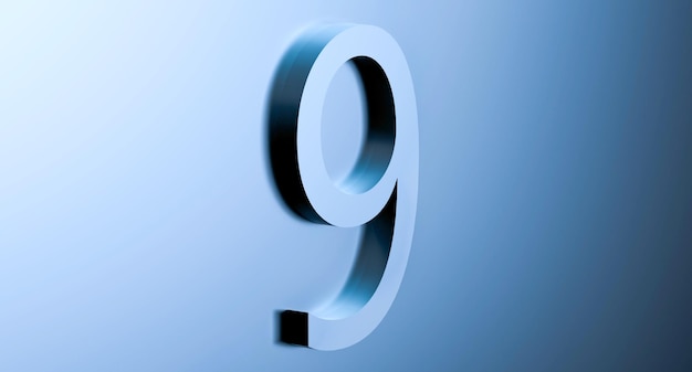 Número 9 sobre un fondo azul con reflejo Resumen NUEVE color metálico azulado con reflejo Ilustración de representación 3D