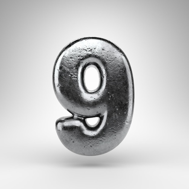 Número 9 sobre fondo blanco. Número de renderizado 3D de hierro con textura de metal brillante.
