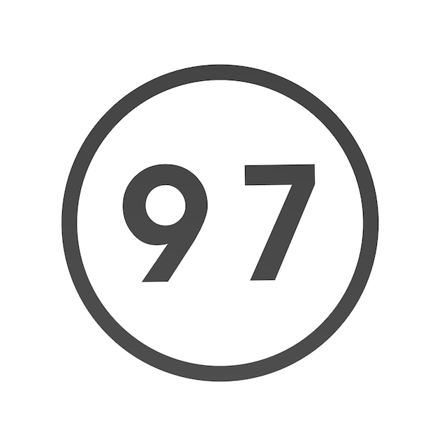 Número 97 gris en un círculo sobre un fondo blanco Números y números Numeración Renderización de una imagen