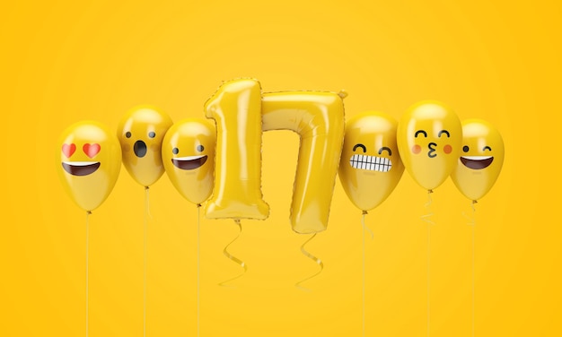 número, amarillo, cumpleaños, emoji, caras, globos, d, render