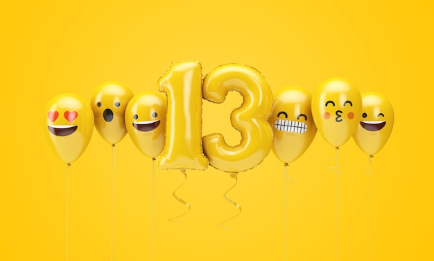 número, amarillo, cumpleaños, emoji, caras, globos, d, render