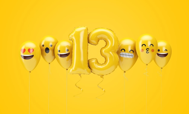 número, amarillo, cumpleaños, emoji, caras, globos, d, render