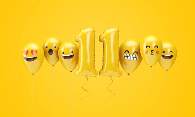 número, amarillo, cumpleaños, emoji, caras, globos, d, render