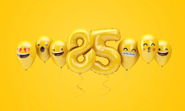 número, amarillo, cumpleaños, emoji, caras, globos, d, render