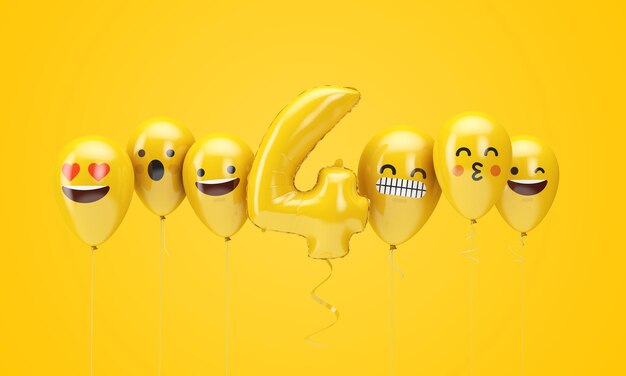 número, amarillo, cumpleaños, emoji, caras, globos, d, render