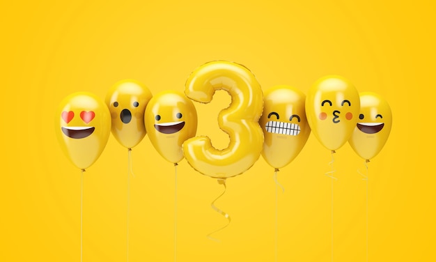 número, amarillo, cumpleaños, emoji, caras, globos, d, render