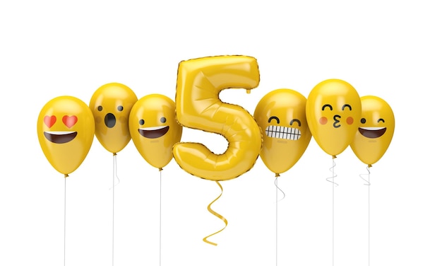 número, amarillo, cumpleaños, emoji, caras, globos, d, render