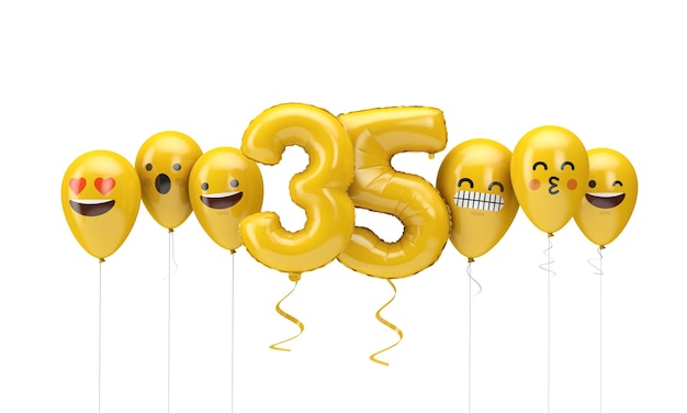 número, amarillo, cumpleaños, emoji, caras, globos, d, render