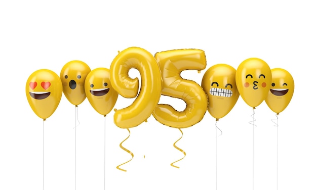 número, amarillo, cumpleaños, emoji, caras, globos, d, render