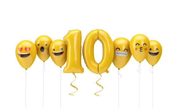número, amarillo, cumpleaños, emoji, caras, globos, d, render
