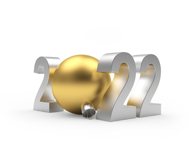 Número de año nuevo de plata con bola de Navidad dorada aislada sobre fondo blanco Ilustración 3D