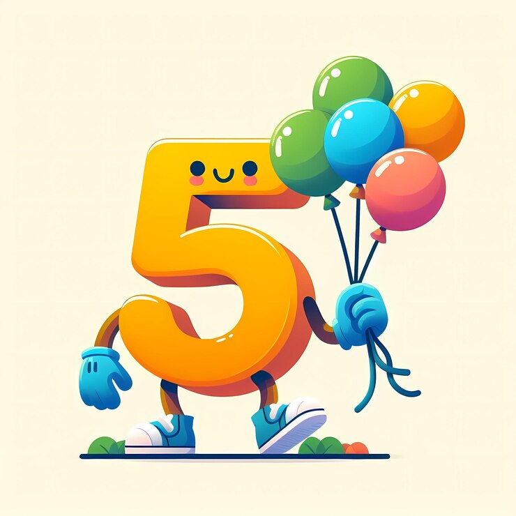 El número azul 5 tiene un montón de globos.