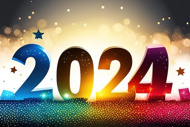 Número brilhantemente colorido 2024 refletindo o ano novo no fundo colorido Bem-vindo