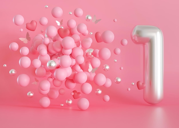 Número uno brillante plateado sobre fondo rosa 1 año de edad Celebración del primer cumpleaños Fiesta de niñas Niña celebra evento especial Aniversario de la compañía de belleza negocio de mujeres Render 3D