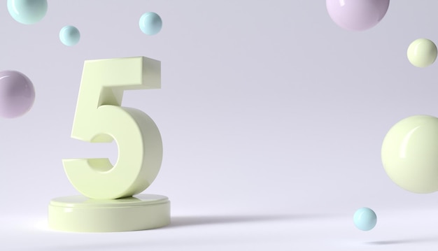 Número cinco en un banner web de pedestal Delicados números 3d con podio para celebración