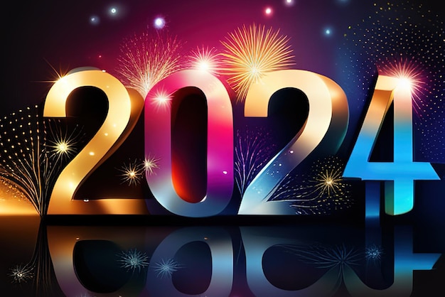 Número de colores brillantes 2024 que refleja el año nuevo en el fondo de color Bienvenido