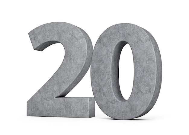 Número concreto 3d veinte 20 dígitos hechos de piedra de hormigón gris sobre fondo blanco Ilustración 3d