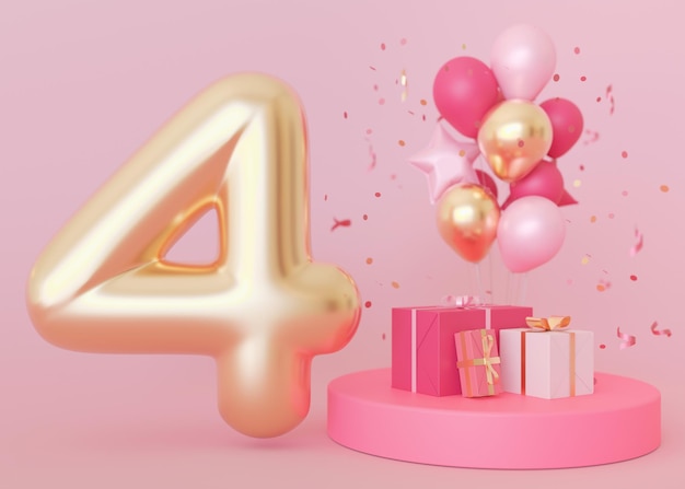 Número cuatro dorado en fondo rosa 4 años de edad Celebración del cuarto cumpleaños Fiesta de niñas Niña celebra evento especial Aniversario de la compañía de belleza negocio de mujeres 3D Render