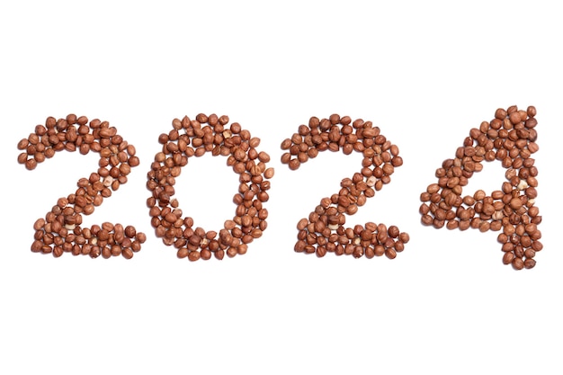 Número de cabeçalho do calendário 2024 feito de avelãs em um fundo branco Feliz Ano Novo 2024 fundo colorido