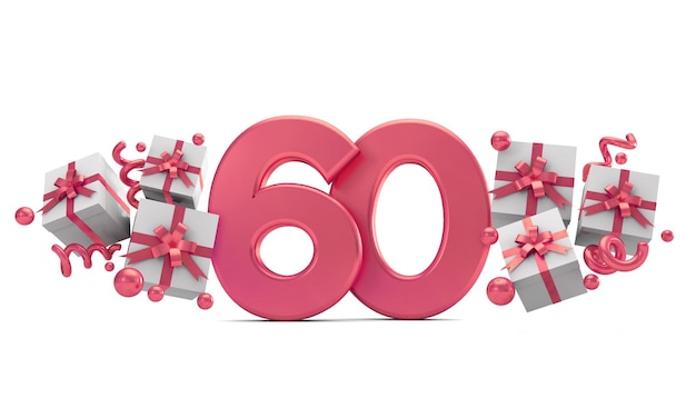 Número de comemoração de aniversário rosa número 60 com renderização em 3d de caixas de presente