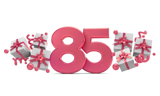 Número de comemoração de aniversário rosa número 85 com renderização em 3D de caixas de presente