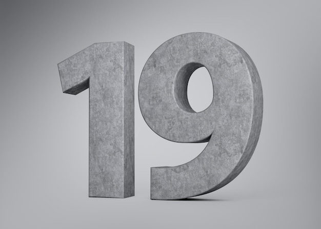 Foto número de concreto 3d de 19 dígitos feito de pedra de concreto cinza em fundo cinza ilustração 3d